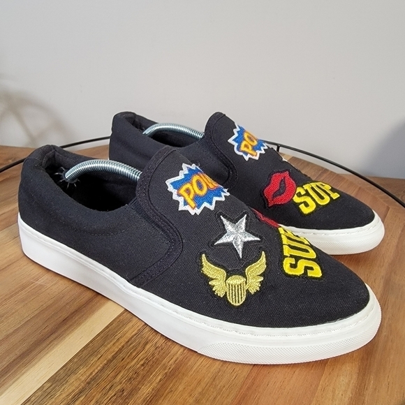 Soda Black Canvas Slip On Sneakers with Embroidered Patches Size 9 - Picture 9 of 15